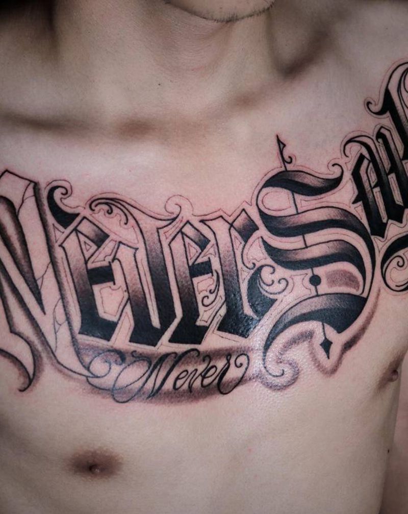 花体字纹身图片_胸部花体字纹身图案