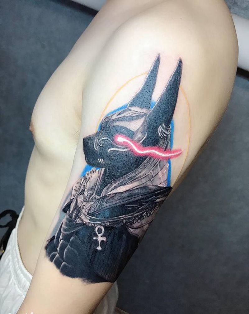 阿努比斯纹身图片_手臂欧美写实纹身图案