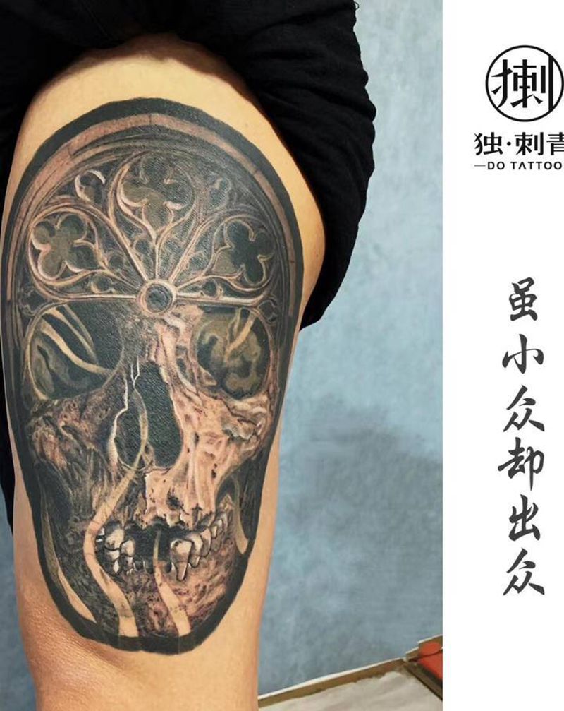 骷髅纹身图片_腿部欧美写实纹身图案