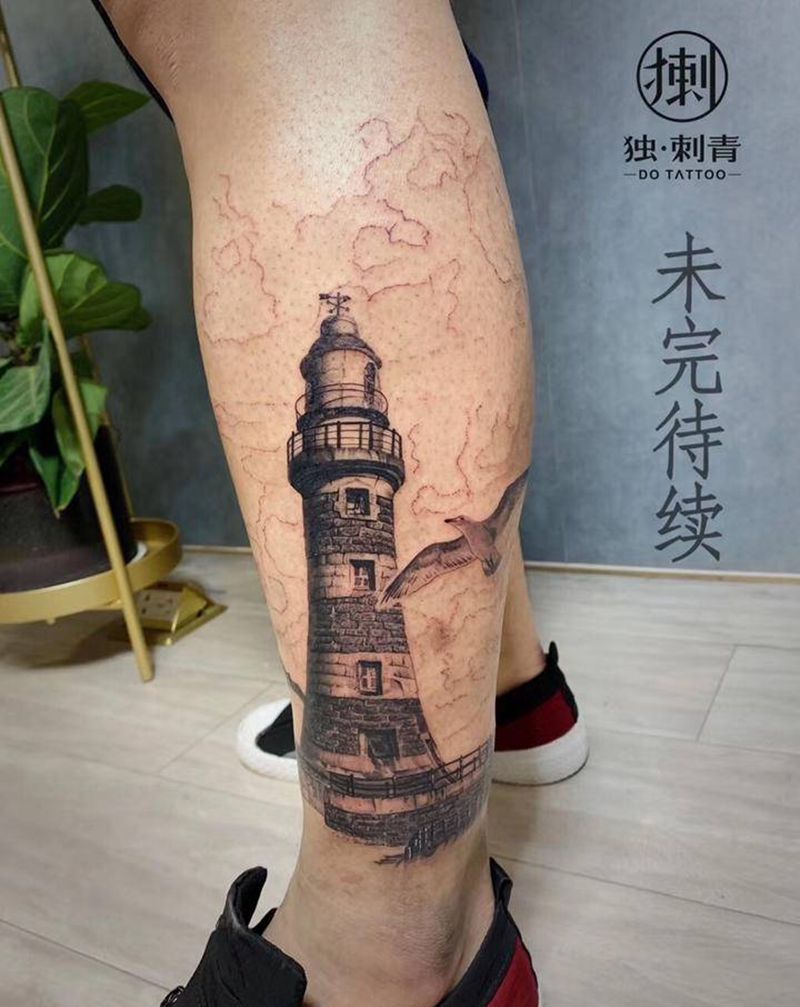 灯塔纹身图片_腿部欧美写实纹身图案