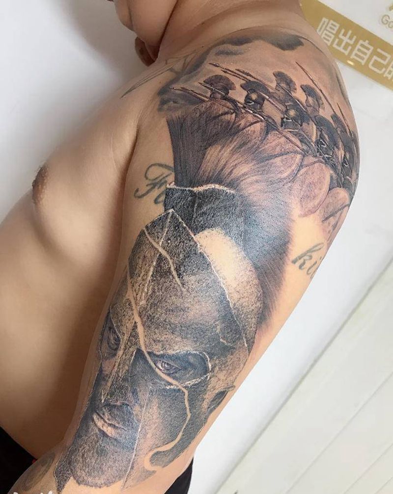 斯巴达纹身图片_手臂欧美写实纹身图案
