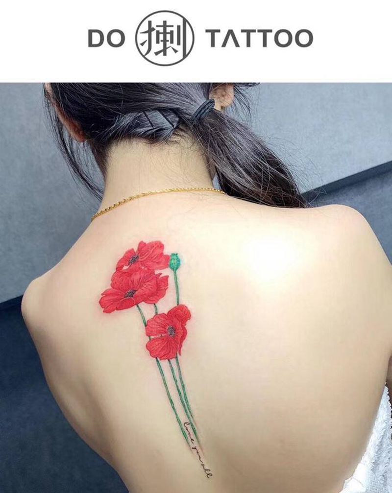 罂粟花纹身图片_背部水彩纹身图案