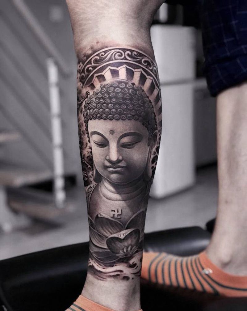 包小腿佛与魔纹身图片_腿部新传统佛与魔纹身图案