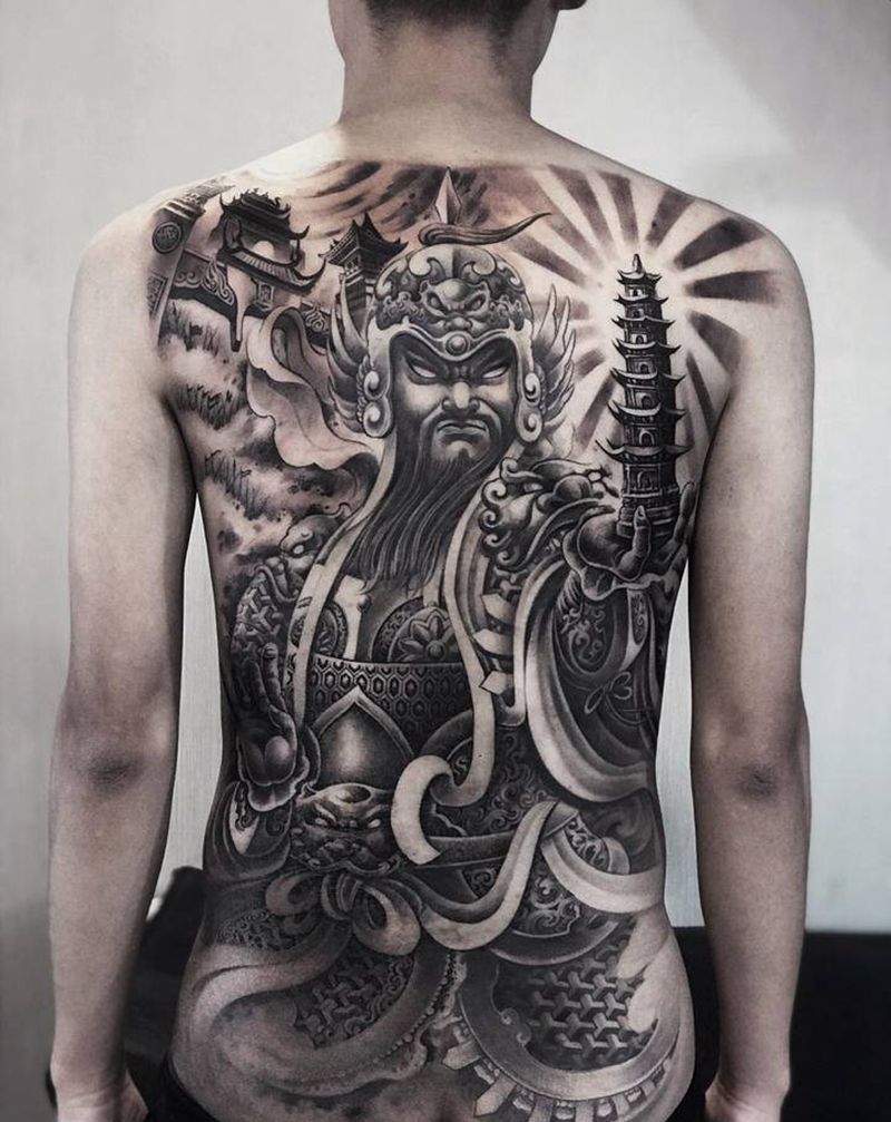 满背托塔李天王纹身图片_背部新传统托塔天王纹身图案