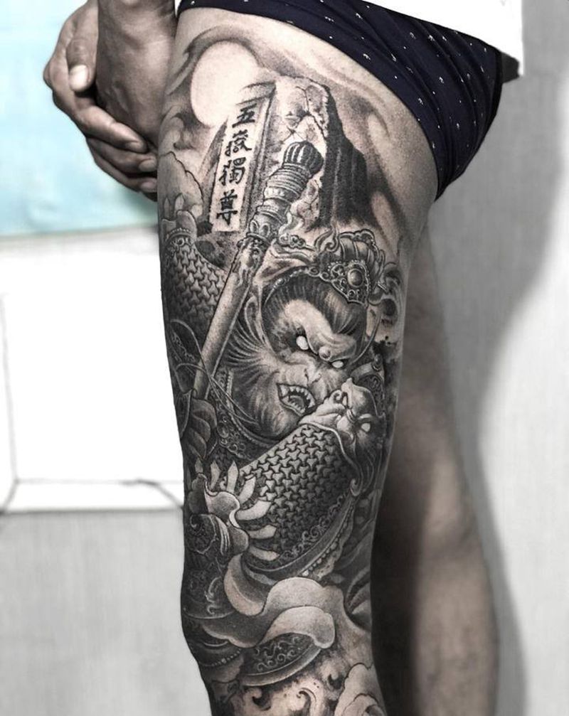 齐天大圣纹身图片_腿部西游记纹身图案