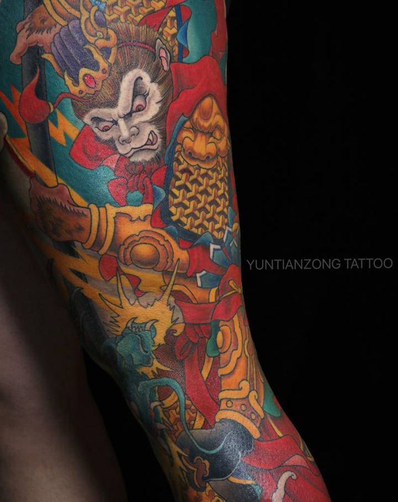 金甲齐天大圣纹身图片_腿部新传统纹身图案