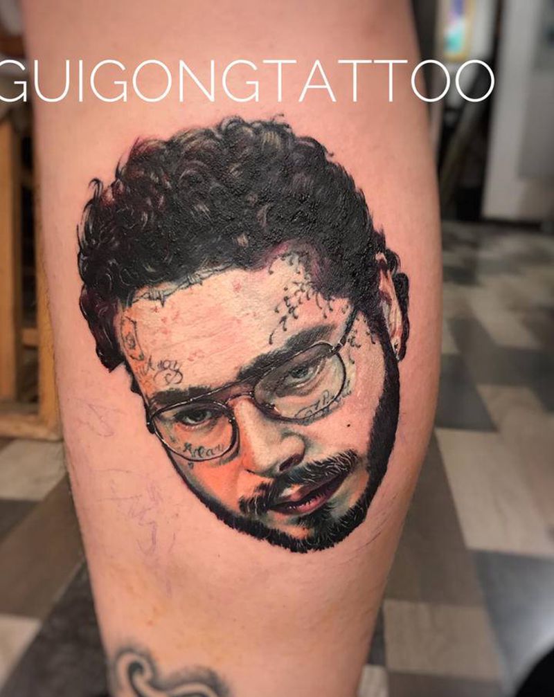 post malone波兹马龙纹身图片_腿部欧美写实纹身图案