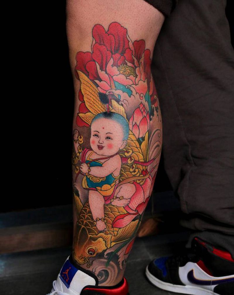 福娃纹身图片_腿部新传统纹身图案