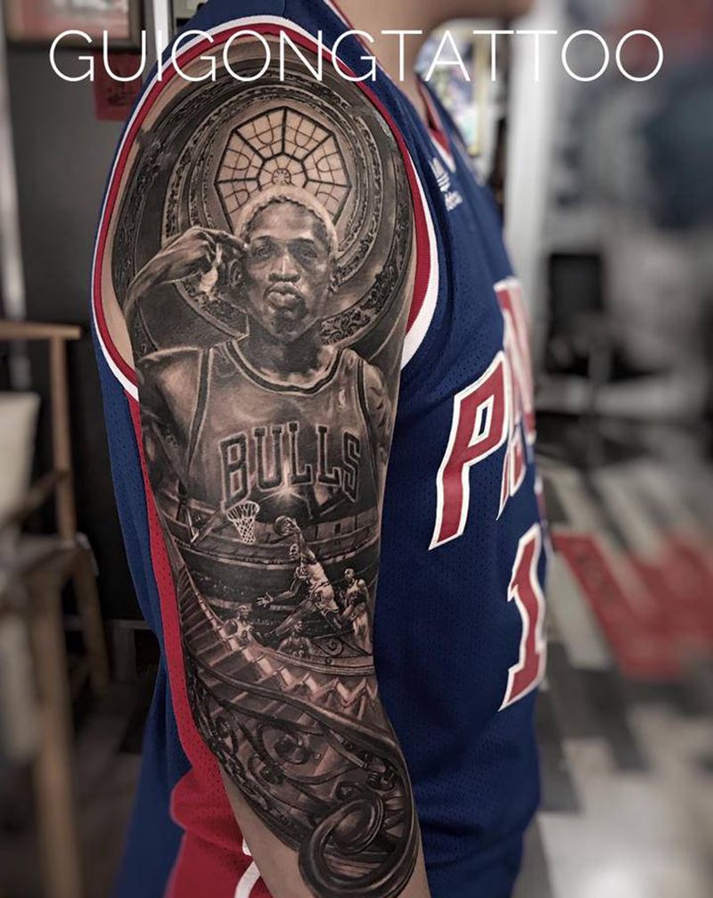 罗德曼纹身图片_手臂肩部欧美写实纹身图案