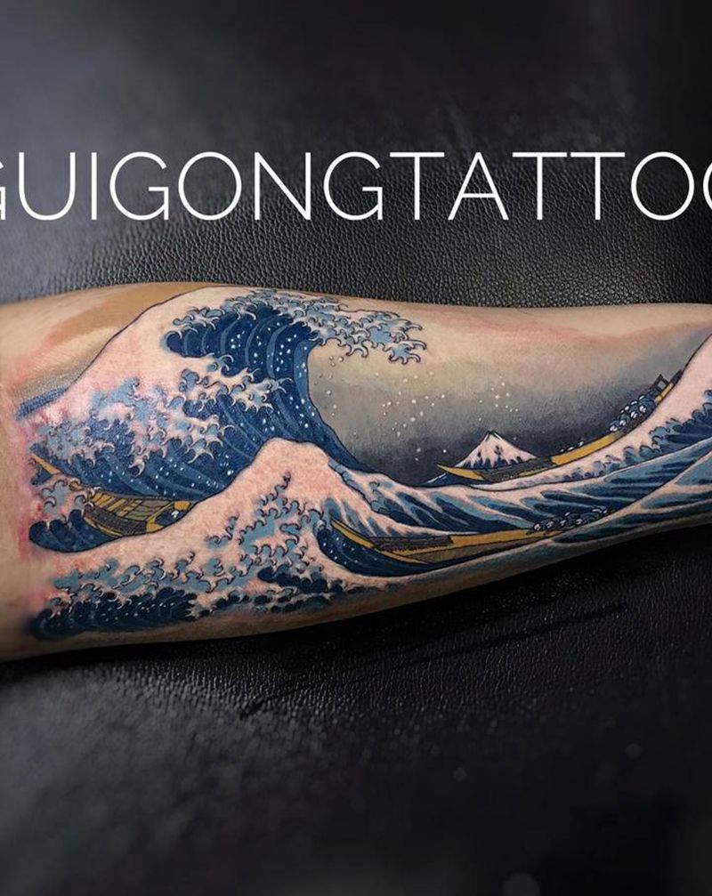 神奈川冲-浪里纹身图片_手臂新传统欧美写实纹身图案
