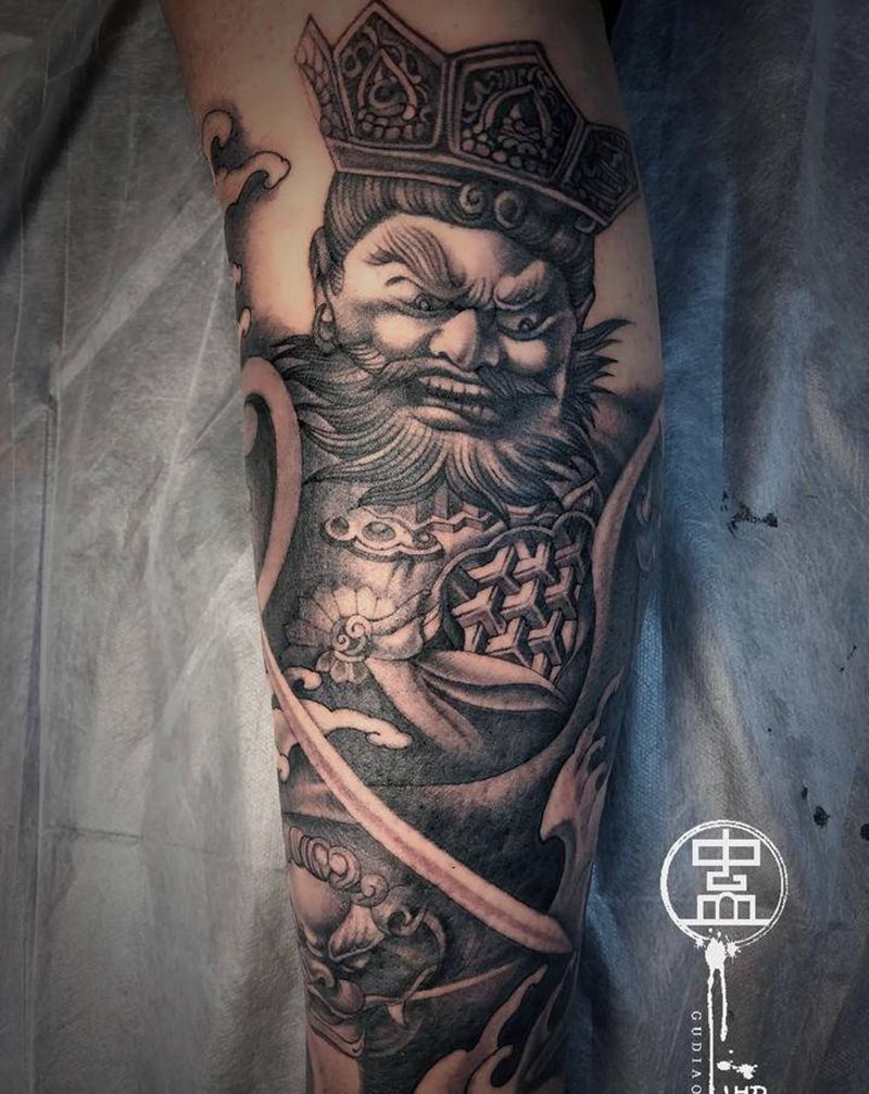 四大天王纹身图片_腿部新传统欧美写实四大天王神像纹身图案