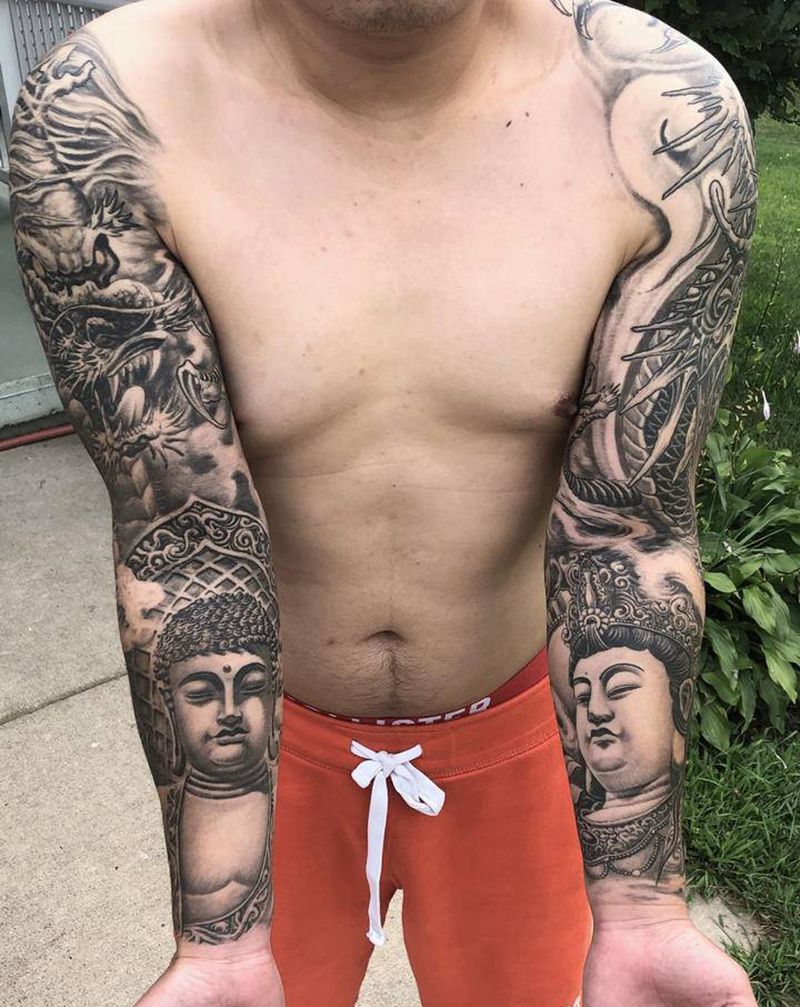 生肖守护神双花臂纹身图片_手臂新传统纹身图案