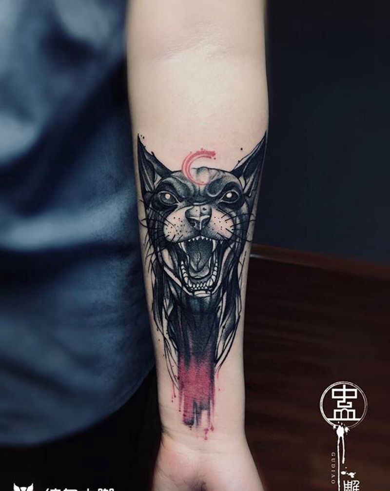 司芬克斯猫纹身图片_手臂欧美写实水彩猫比鲁斯大人司芬克斯纹身图案