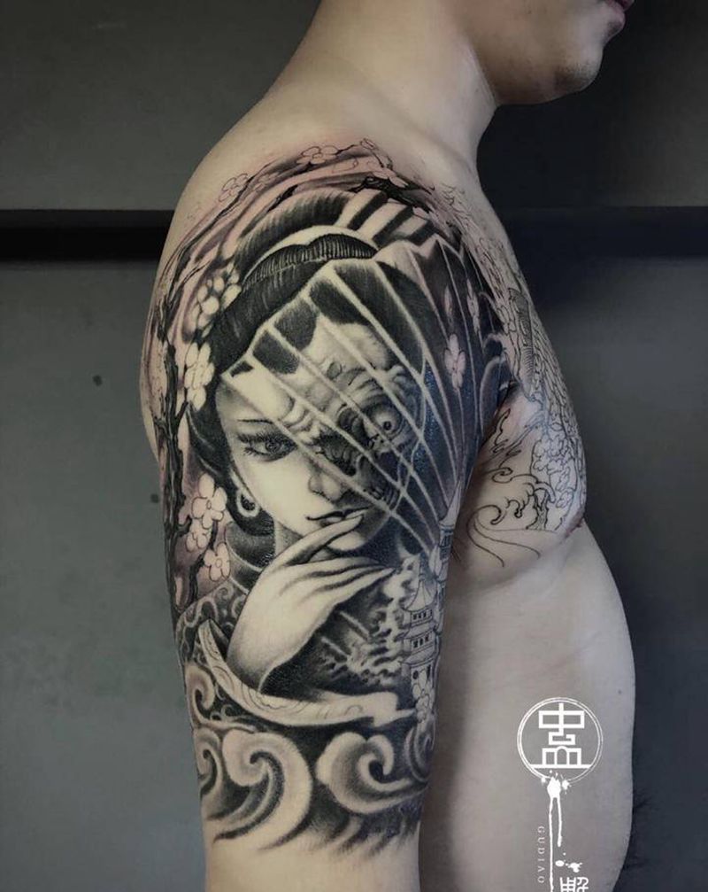 艺妓纹身图片_手臂肩部新传统艺妓纹身图案