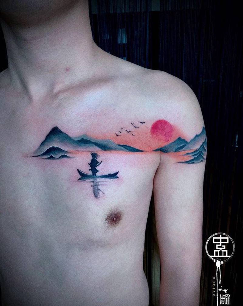 山水纹身图片_肩部胸部水墨水彩山水纹身图案