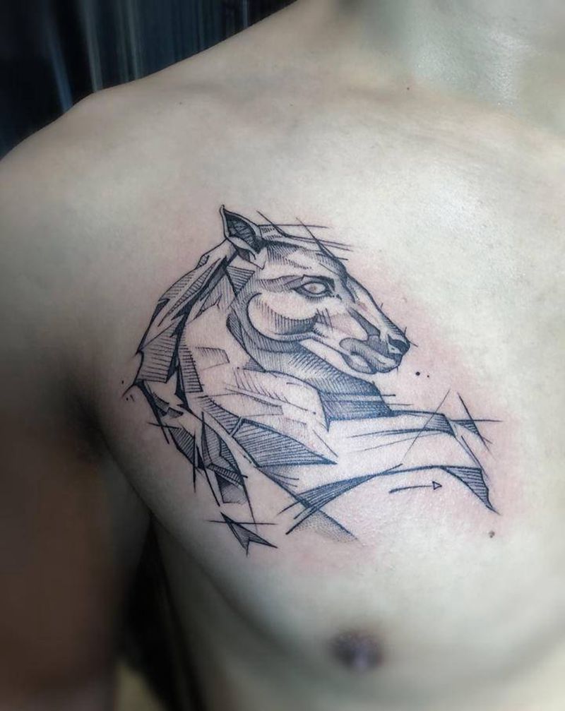 马纹身图片_胸部点刺马纹身图案