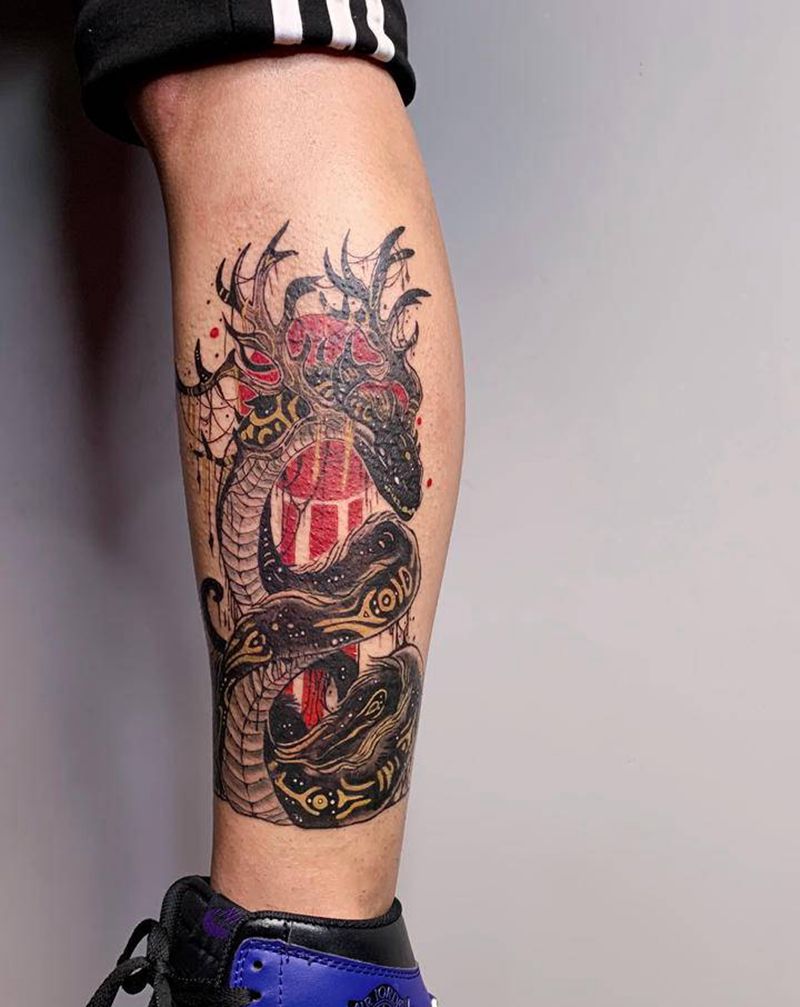 蛇✨纹身图片_腿部插画风纹身图案