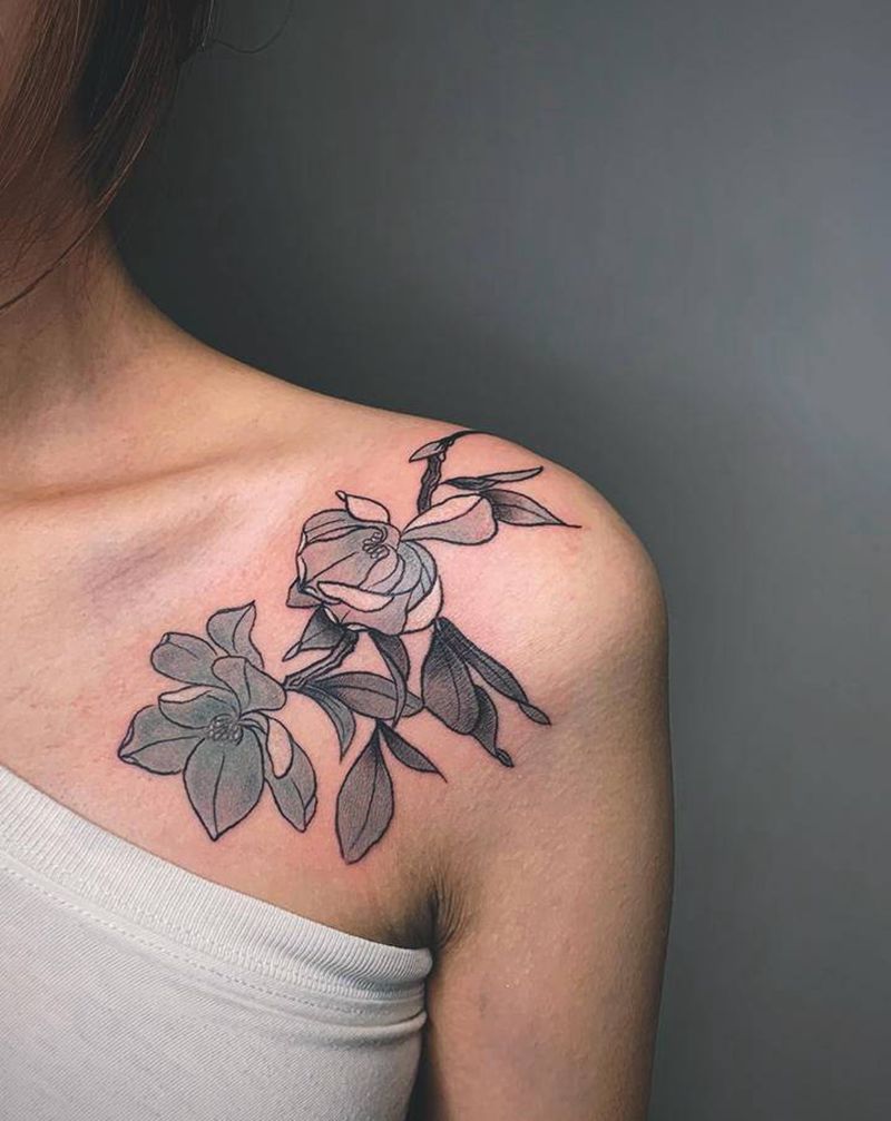 木兰花✨纹身图片_肩部水墨纹身图案