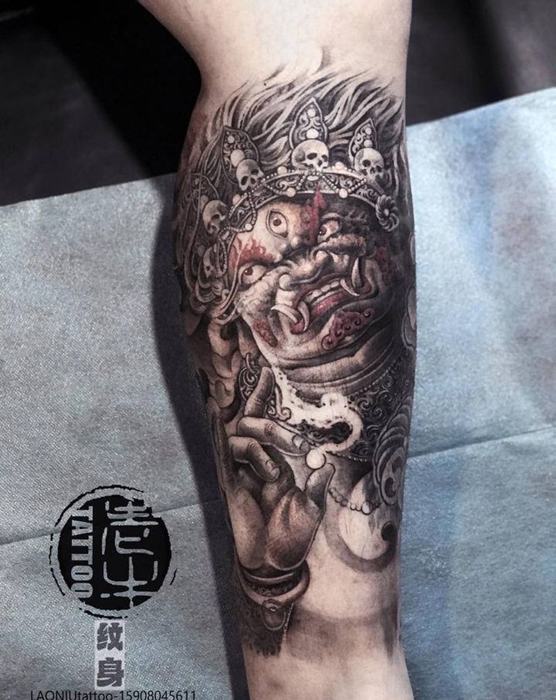 大黑天纹身图片_腿部新传统大黑天纹身图案