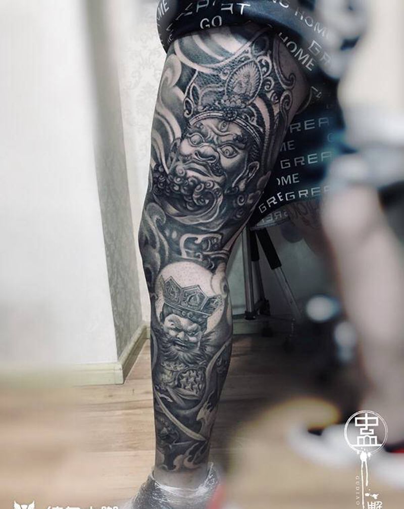 四大天王纹身图片_腿部欧美写实新传统四大天王花腿纹身图案