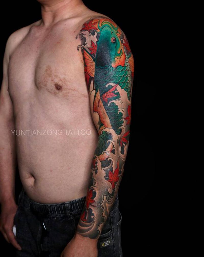 跃龙门纹身图片_手臂新传统纹身图案