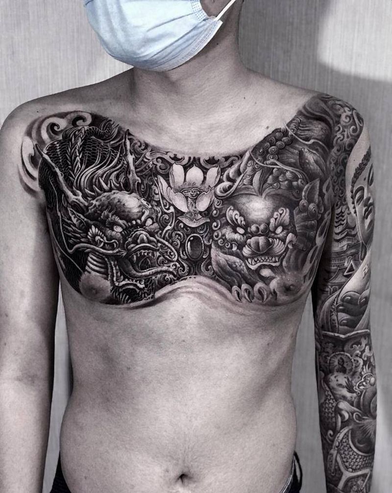 麒麟.唐狮纹身图片_胸部新传统麒麟狮子纹身图案