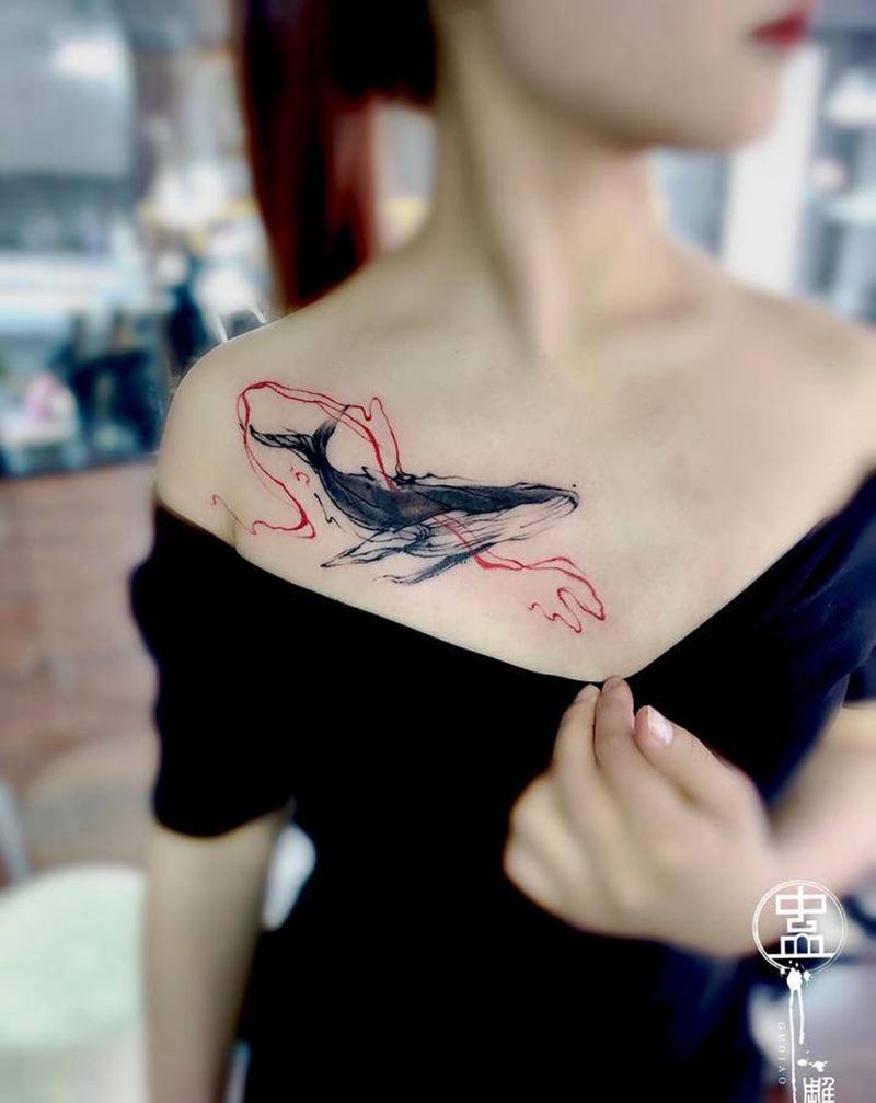 鲸鱼纹身图片_水墨水彩鲸鱼纹身图案