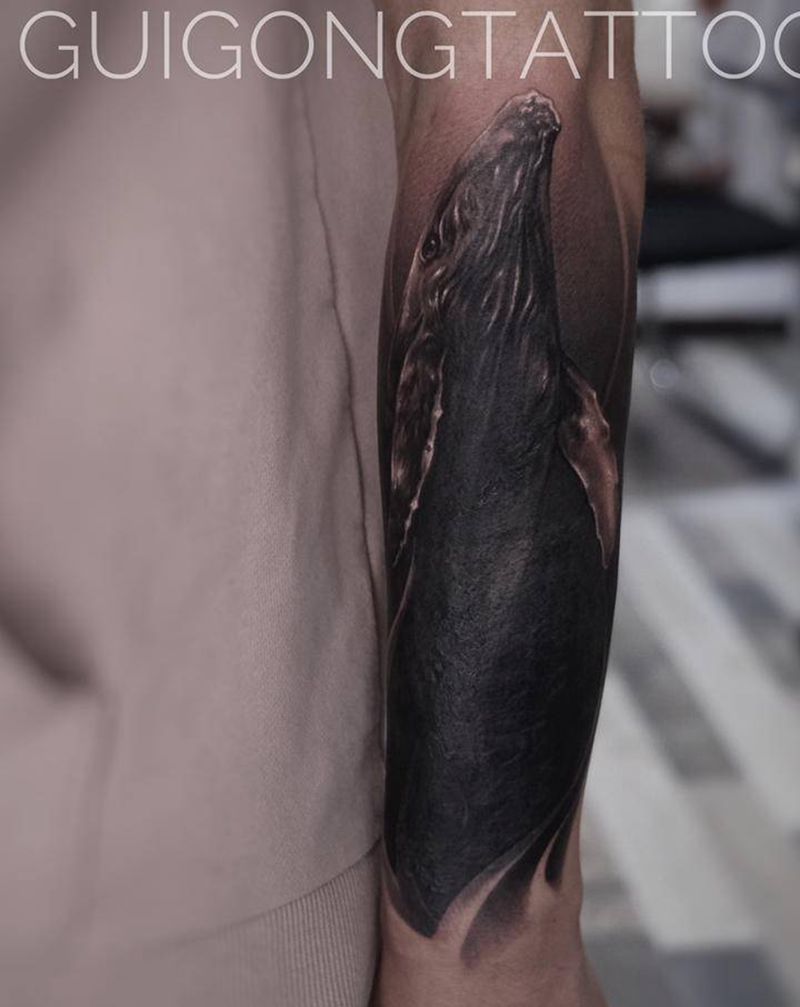 鲸落纹身图片_手臂欧美写实纹身图案