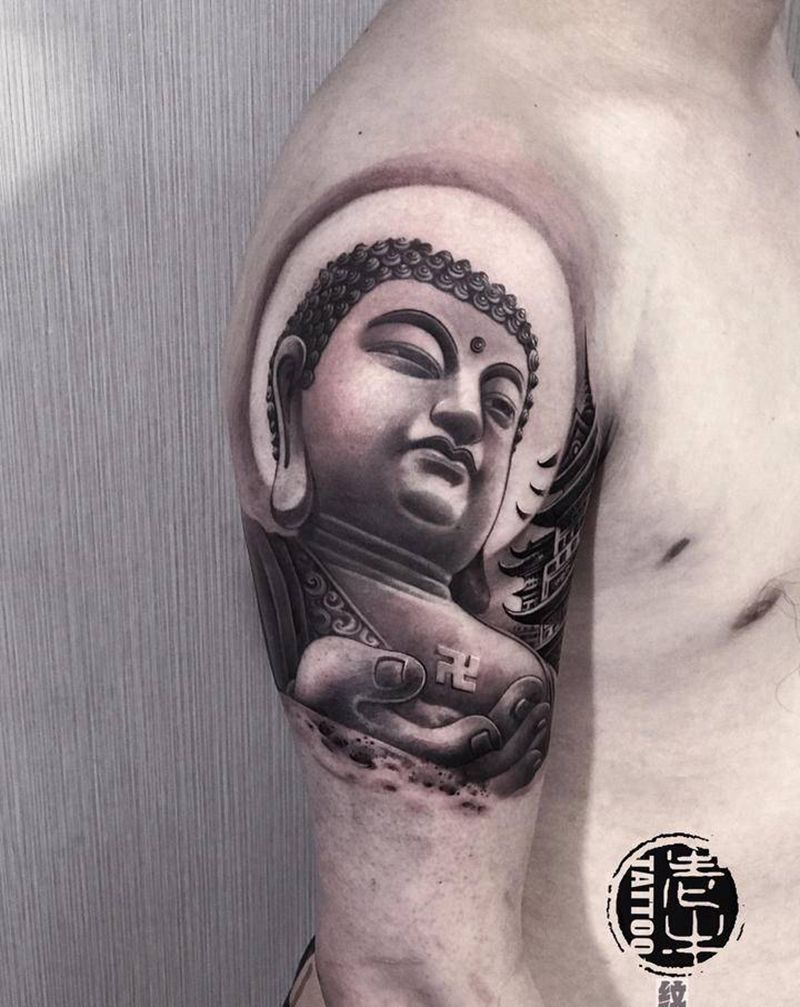 大臂如来佛纹身图片_手臂新传统佛纹身图案