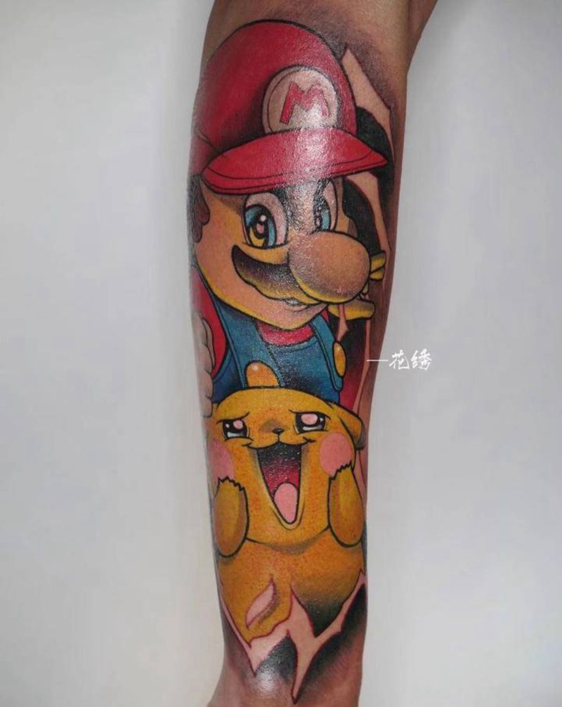 马里奥与皮卡丘纹身图片_手臂腿部欧美写实New School纹身图案
