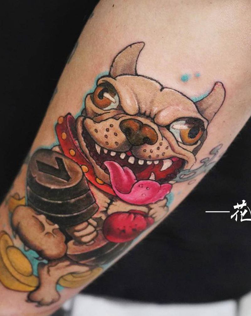 撸铁旺财纹身图片_手臂腿部New School新传统纹身图案