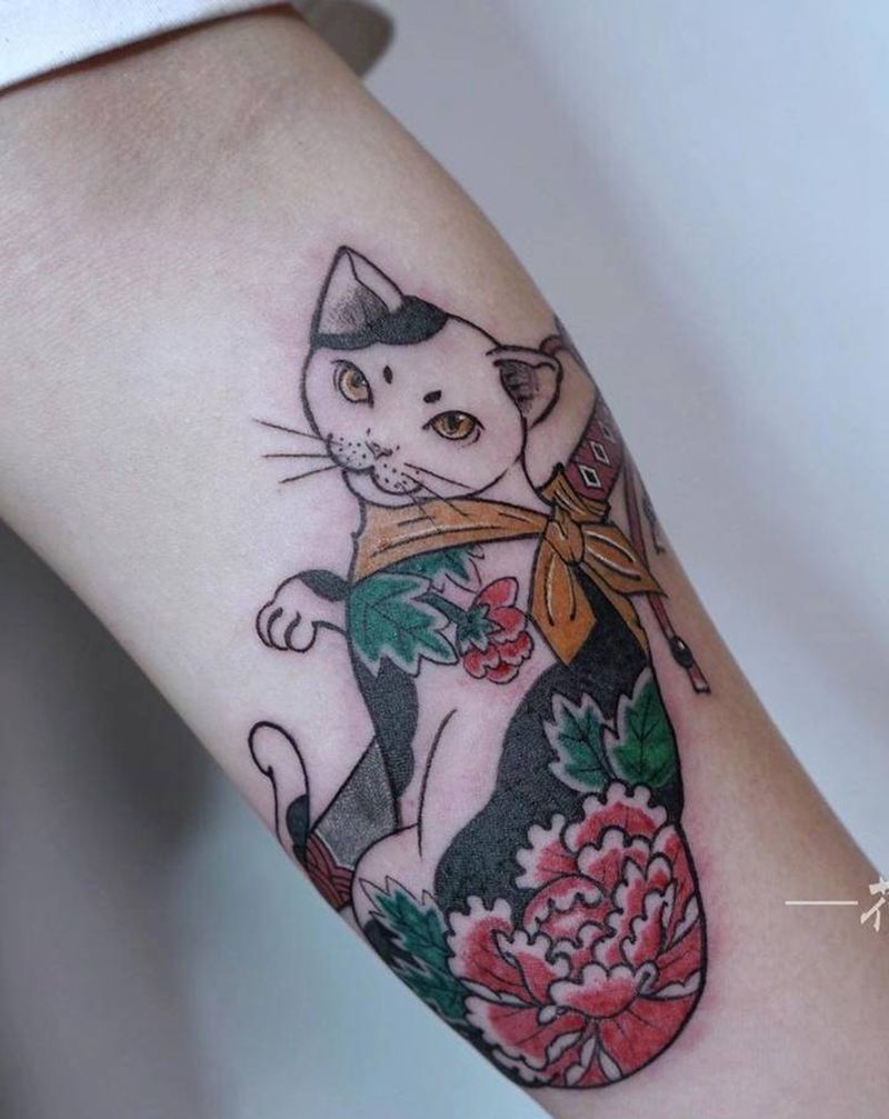 猫儿纹身图片_手臂肩部老传统新传统纹身图案