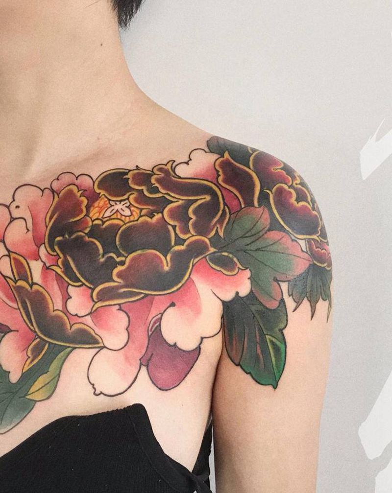 遮盖纹身图片_胸部肩部新传统老传统纹身图案