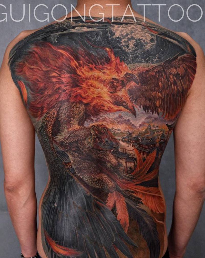 苍穹之上〈金乌〉纹身图片_背部欧美写实纹身图案