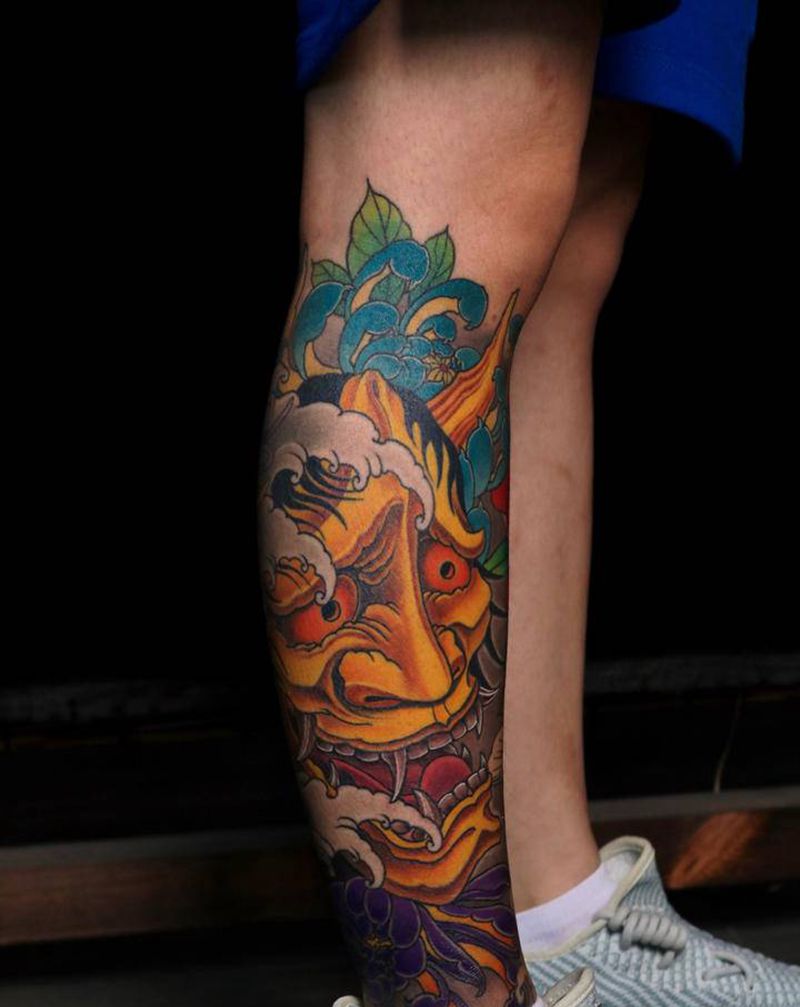 小腿般若纹身图片_腿部新传统纹身图案