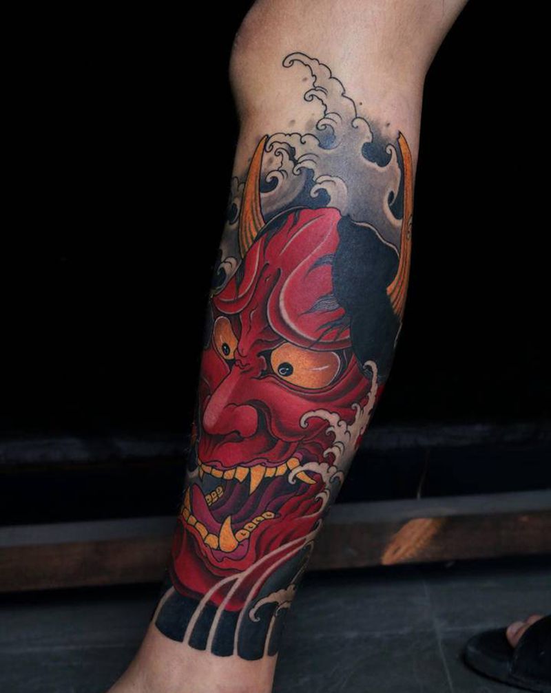 小腿般若纹身图片_腿部新传统纹身图案