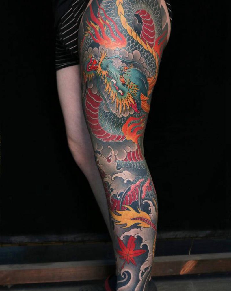 龙盘腿纹身图片_腿部老传统新传统纹身图案