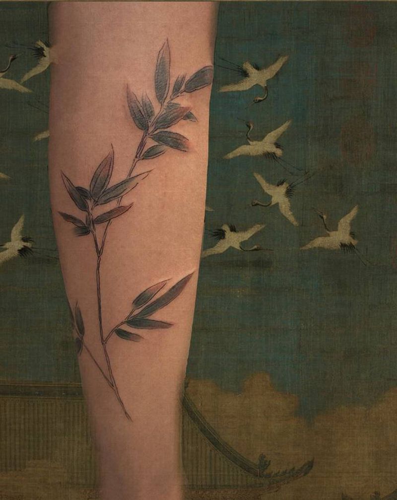 修竹图纹身图片_腿部水墨纹身图案