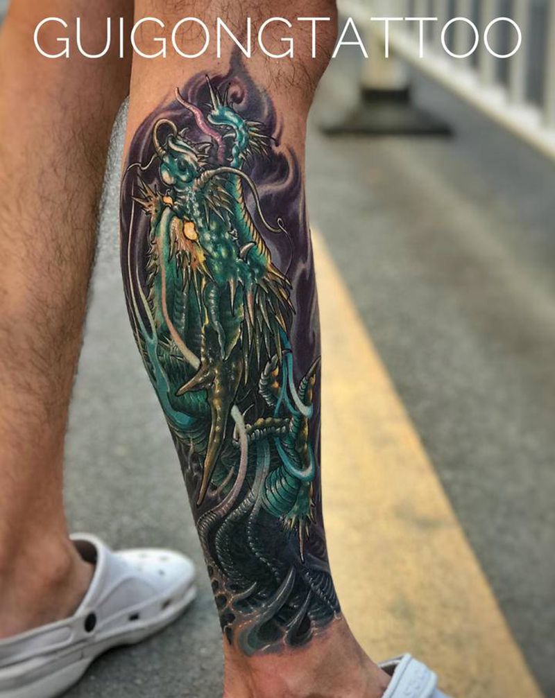 龙纹身图片_腿部新传统纹身图案