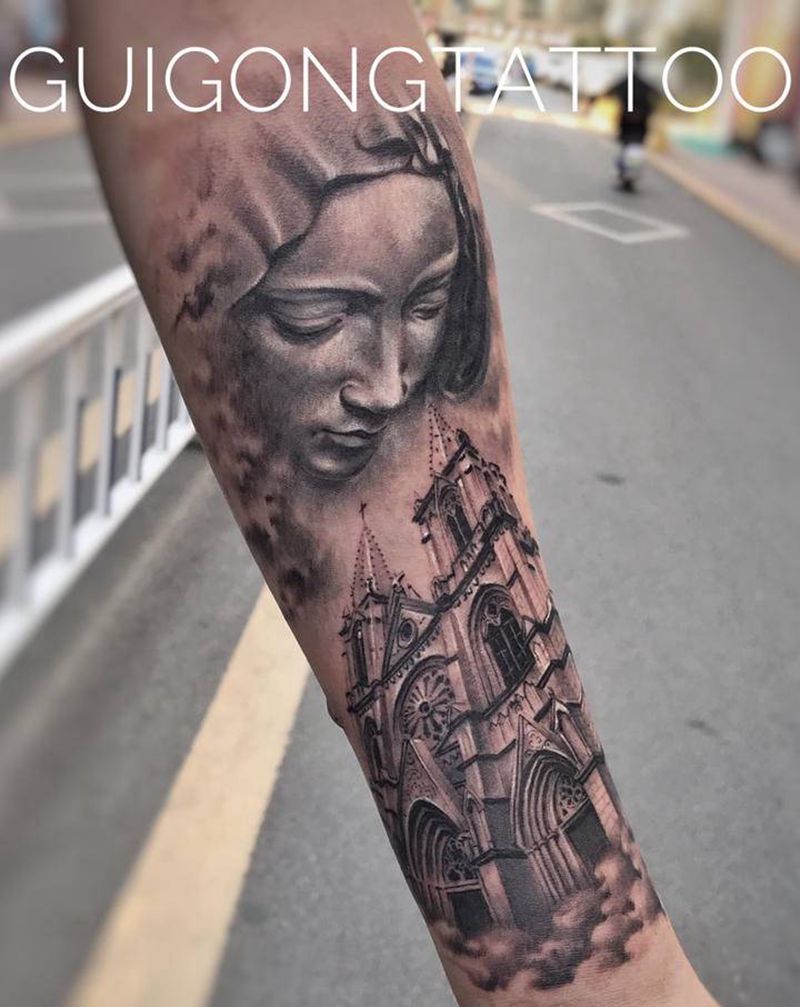 巴黎圣母院纹身图片_手臂欧美写实纹身图案