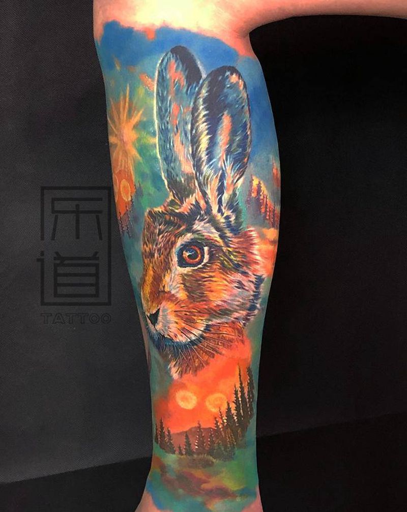 乐道叠彩 写实兔子纹身图片_腿部欧美写实兔子乐道刺青纹身图案