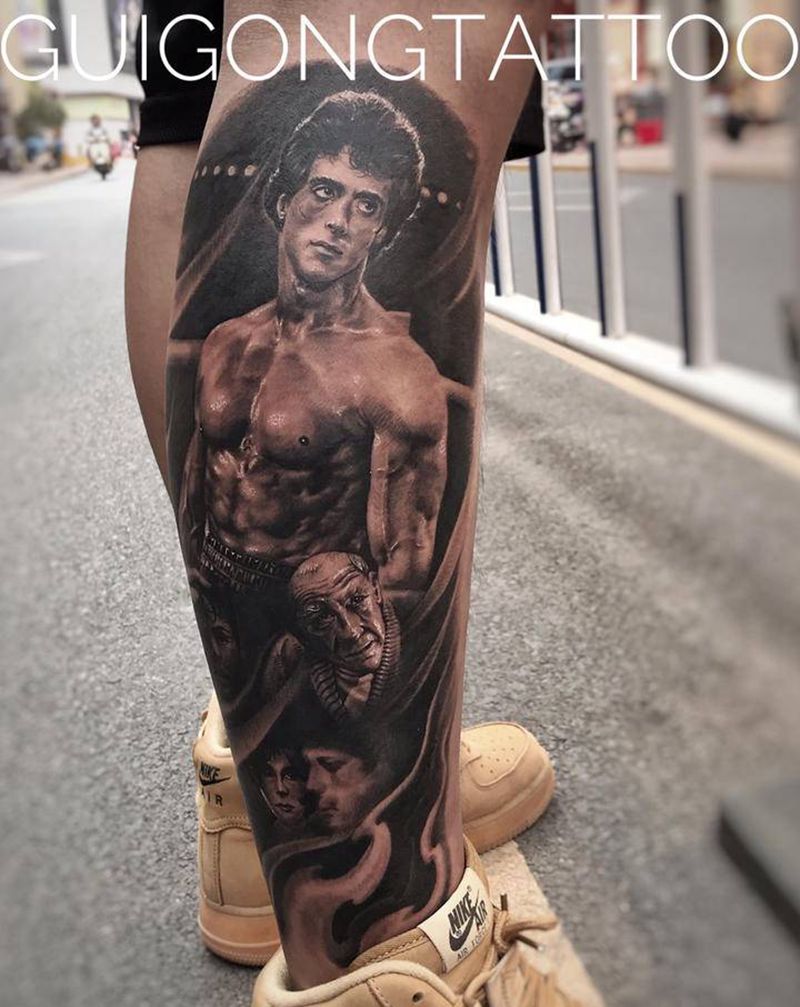 洛奇纹身图片_腿部欧美写实纹身图案