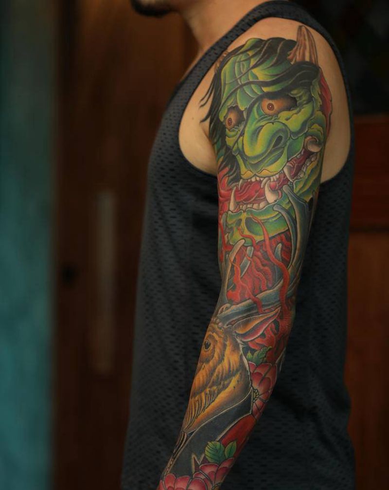 花臂纹身图片_手臂腿部新传统老传统花臂般若鹿纹身图案