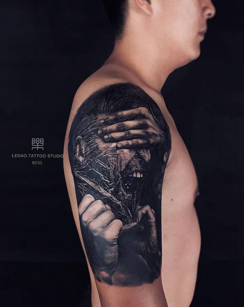 乐道出品纹身图片_肩部手臂欧美写实肖像人物写实纹身图案