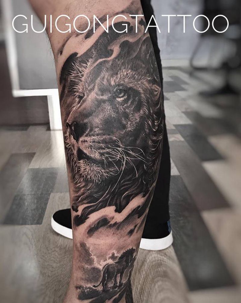 狮子王纹身图片_腿部欧美写实纹身图案