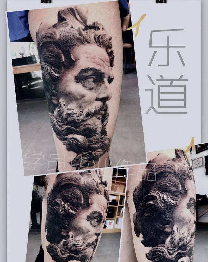 毕业学员第一个作品纹身图片_手臂腿部欧美写实波赛冬海神纹身图案