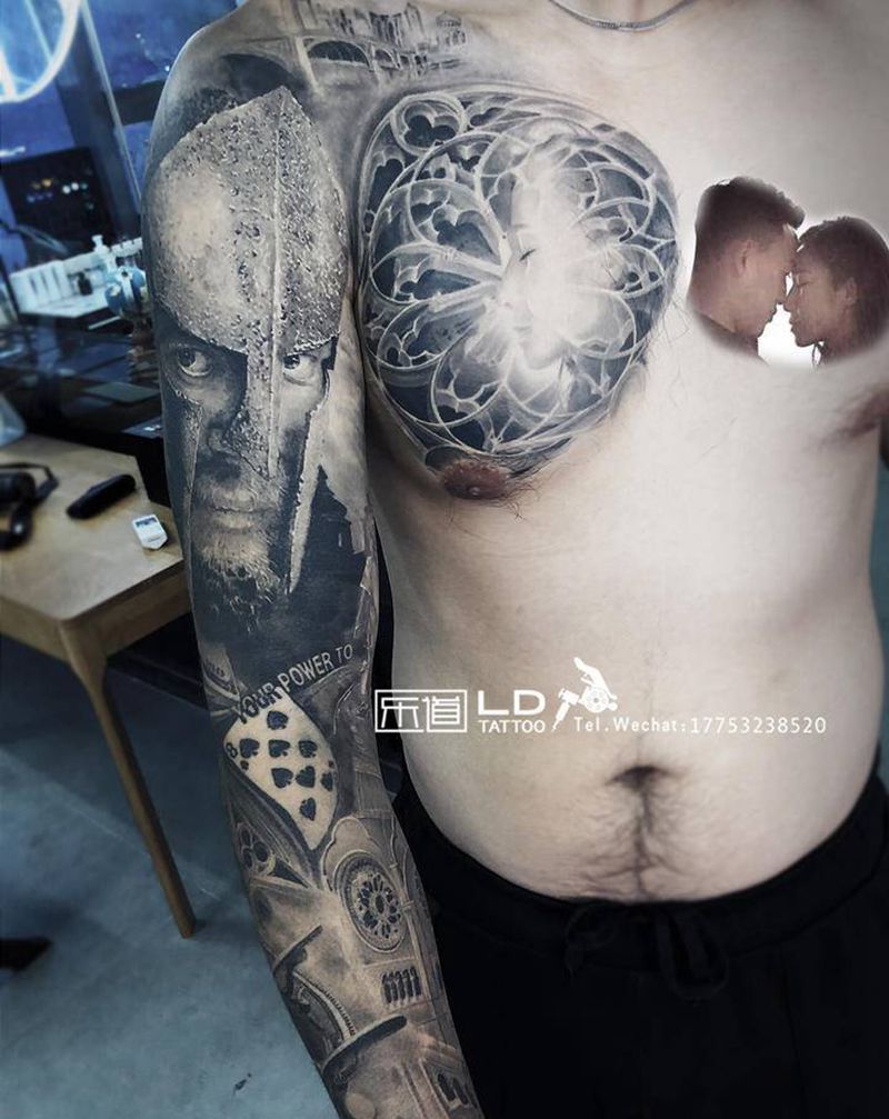 勇士之魂纹身图片_手臂胸部欧美写实斯巴达花臂欧美花臂纹身图案