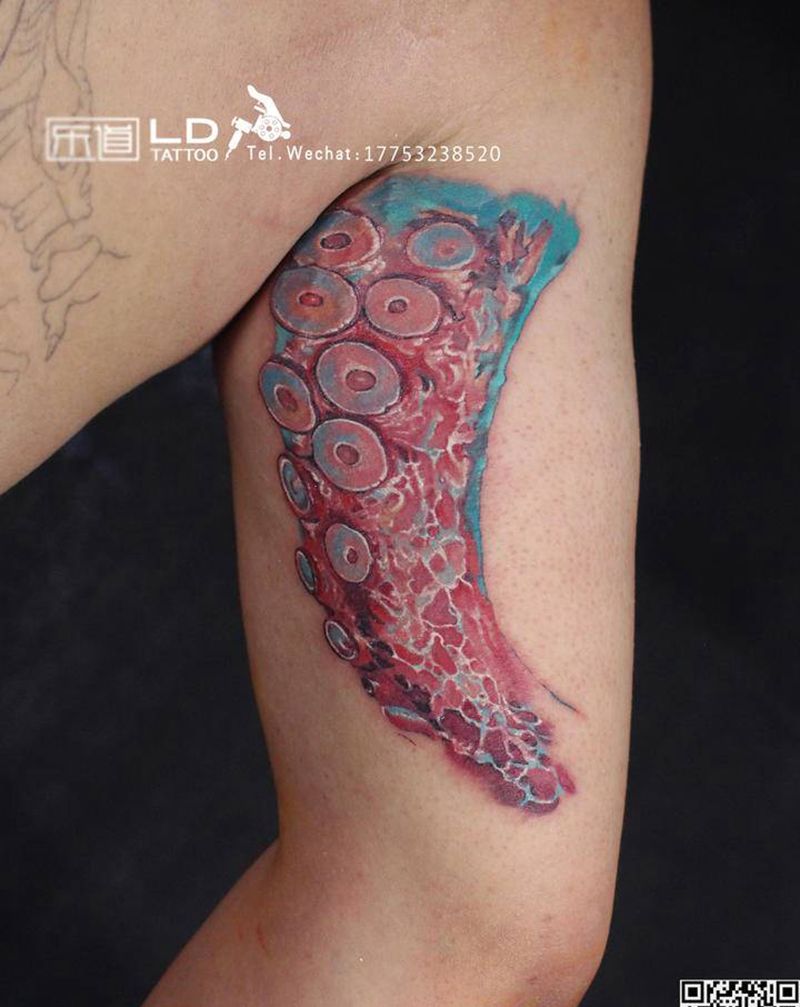 叠彩章鱼局部纹身图片_手臂欧美写实纹身图案