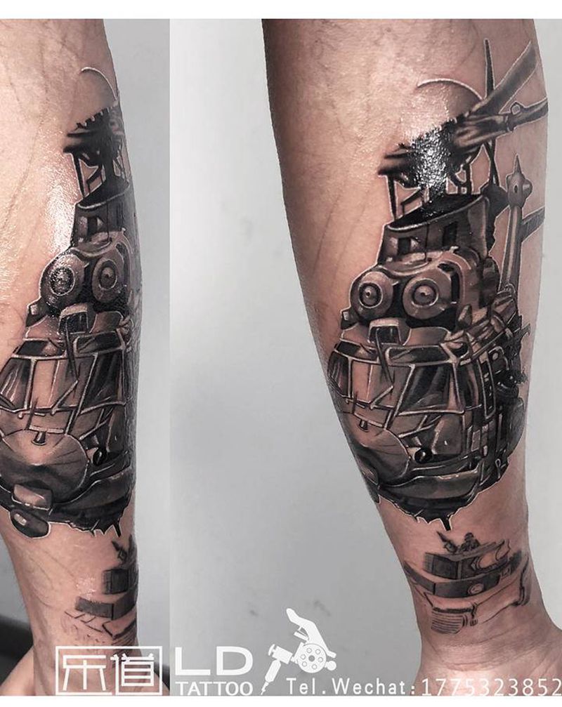 彩色灰飞机反战纹身图片_手臂欧美写实纹身图案