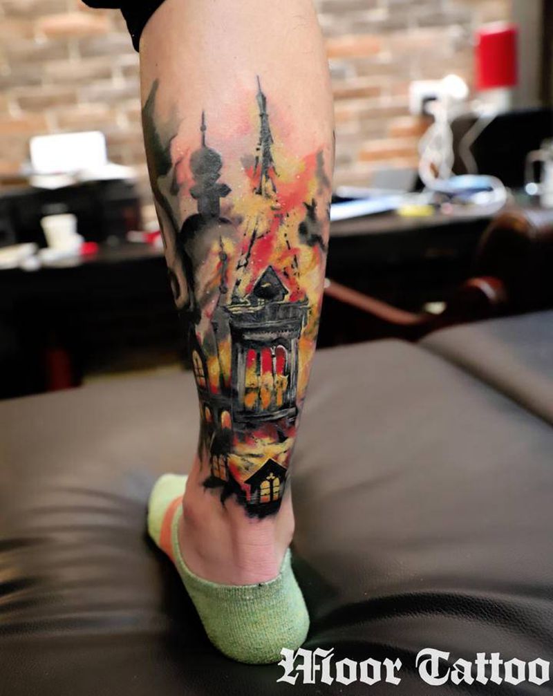 欧美彩色写实纹身图片_腿部欧美写实水彩纹身图案